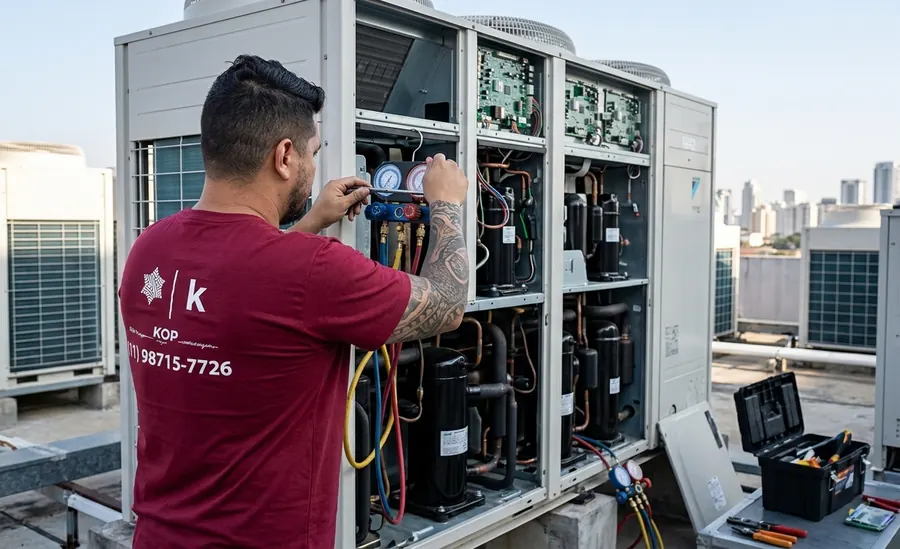 Técnico da KOP em manutenção; logomarca e telefone de contato completos aparecem na camiseta